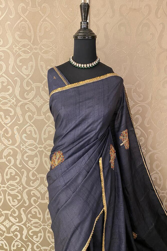Dark Purple Tussar Zardosi Work Saree, With Unstiched Blouse