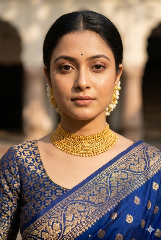 Blue crepe Banarasi silk saree with intricate gold patterns and matching unstiched blouse, traditional Indian wear by Saarang Sarees