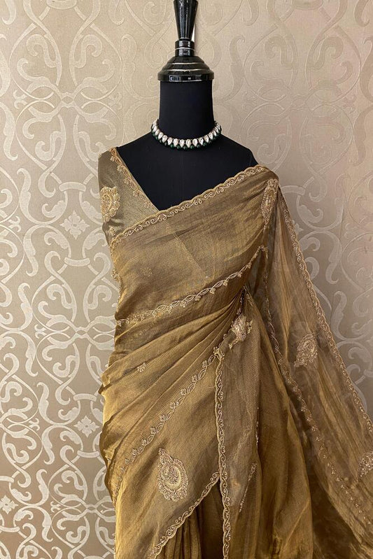 Golden Olive Green Tissue Silk Embroidery Saree, With Unstiched Blouse