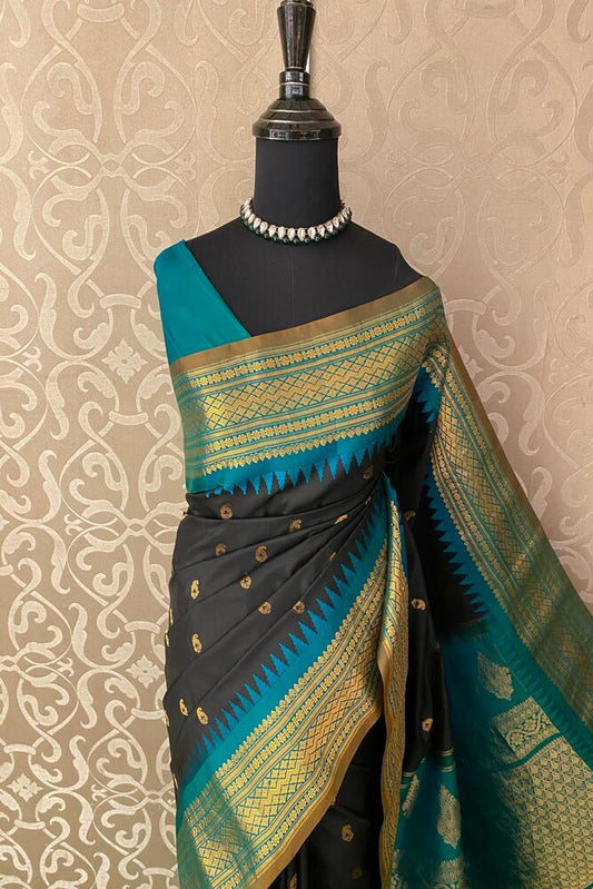 Black Gadwal Silk Sarees With Unstiched Blouse