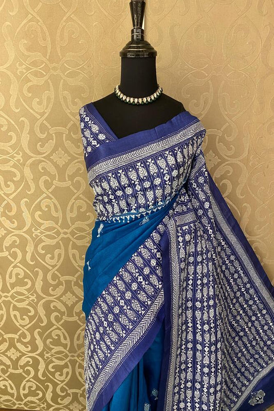 Indigo Blue Tussar Embroidery Saree With Kantha Work Border, With Unstitched Blouse