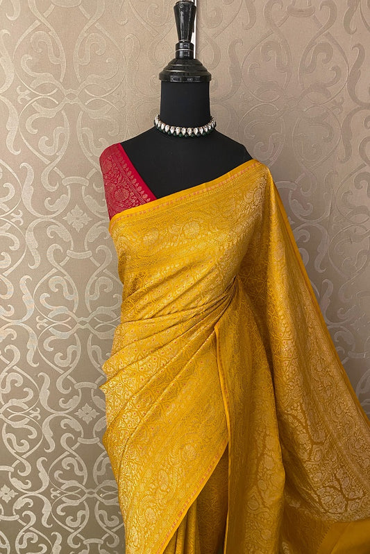 Mustard Yellow Mysore Crepe Saree With Meenakari Work, With Unstiched Blouse