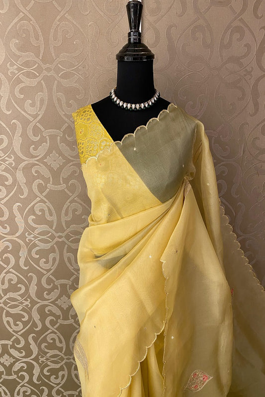 Yellow Tussar Organza Saree With Applique Work Border, With Unstiched Blouse - Saarang Sarees