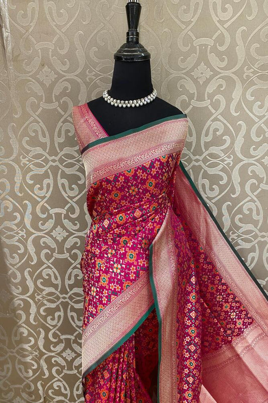 Magenta & Multi Banarasi Silk Saree With Patola Concept, With Unstiched Blouse