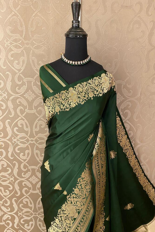 Bottle Green Mashru Silk Banarasi Handloom Saree, With Unstiched Blouse