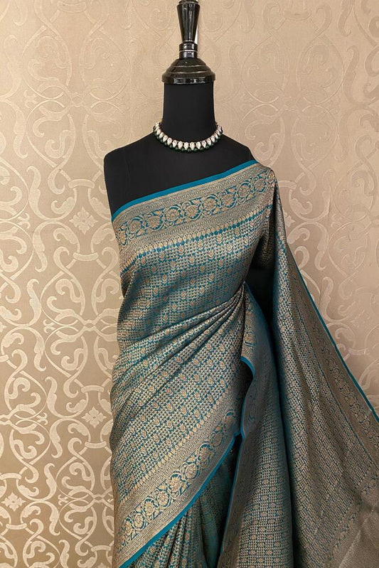 Royal Blue Brocade Kora Banarasi Silk Saree, With Unstiched Blouse