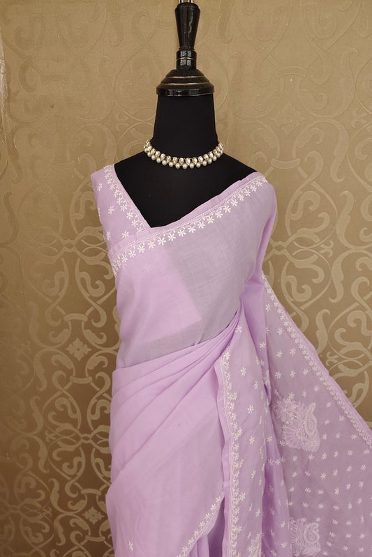 Lavender Cotton Saree With Chikankari Embroidery, Unstitched Blouse