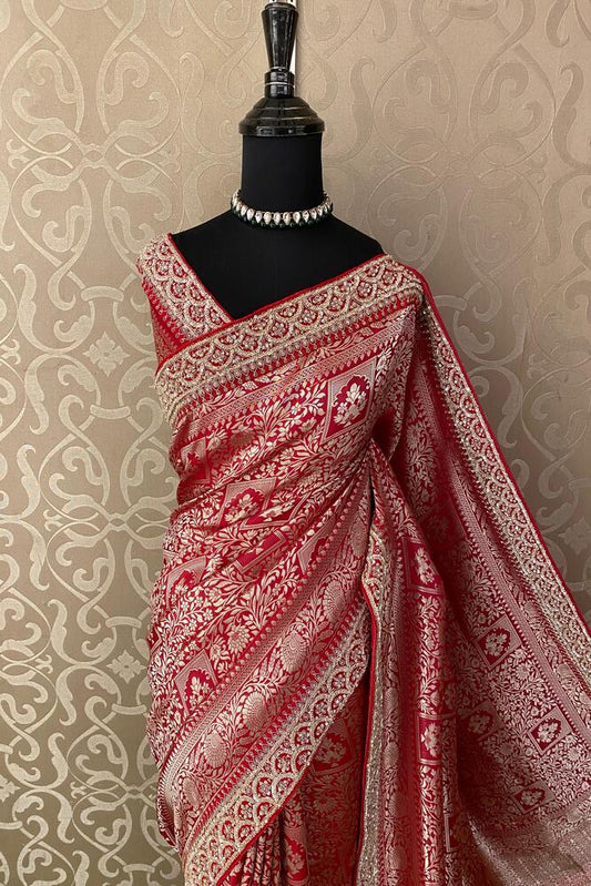 Red Banarasi Silk Saree With Zardosi Embroidery Work, With Unstiched Blouse
