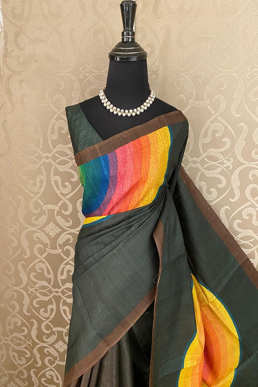 Brown & Green Tussar Silk Multi Printed Saree, With Unstiched Blouse - Saarang Sarees