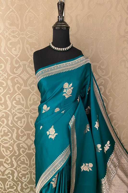Greenish Blue Mashru Silk Banarasi Handloom Saree, With Unstiched Blouse