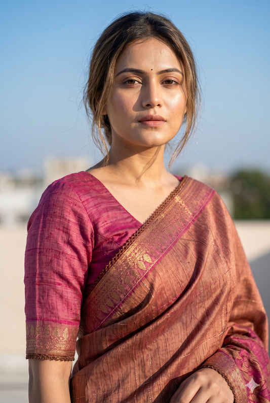 Brown Printed Munga Silk Saree, With Unstiched Blouse