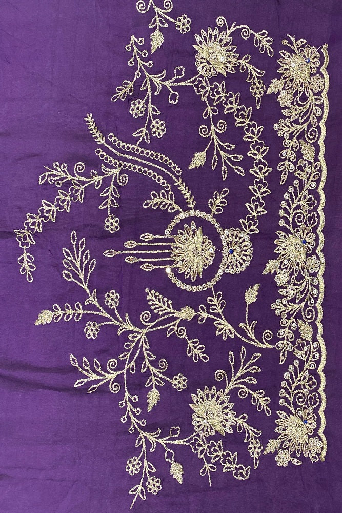 Purple soft organza silk saree with intricate embroidery and unstiched blouse, traditional wear by Saarang Sarees.