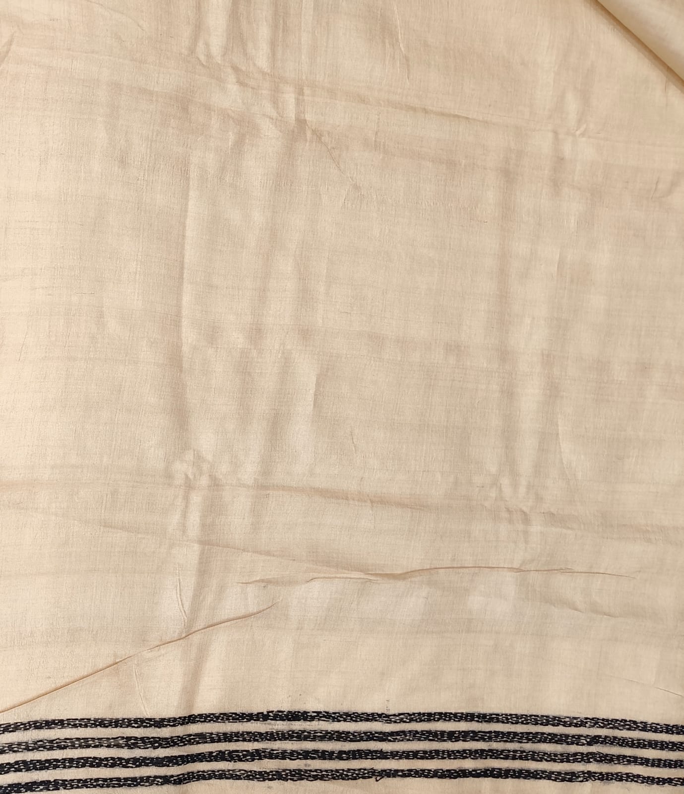 Beige & Black Tussar Embroidery Saree With Kantha Work Border, With Unstitched Blouse
