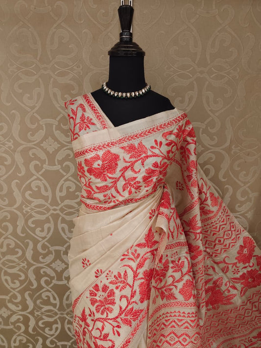 Beige Tussar Embroidery Saree With Kantha Work Border, With Unstitched Blouse