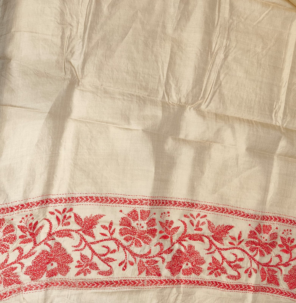 Beige Tussar embroidery saree with Kantha work border and unstitched blouse, traditional wear by Saarang Sarees.