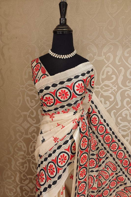 Beige Tussar Embroidery Saree With Kantha Work Border, With Unstitched Blouse