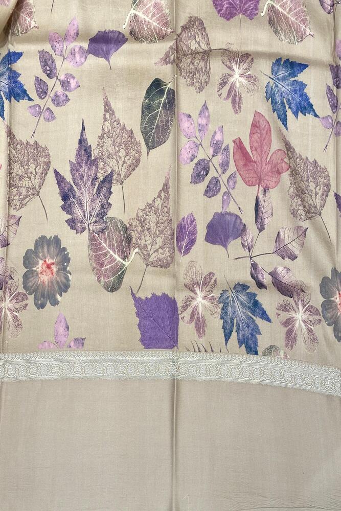 Beige Tussar Banarasi saree with digital mashru border, traditional wear by Saarang Sarees, detailed fabric and intricate design.