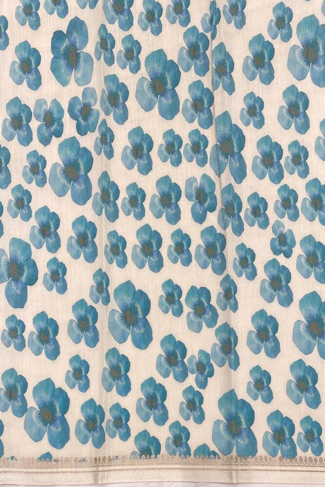 White & Blue Floral Printed Organza Saree, With Unstiched Blouse