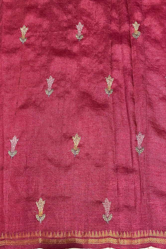 Deep maroon Tussar Resham embroidery saree with unstiched blouse, elegant party wear from Saarang Sarees, detailed embroidery design