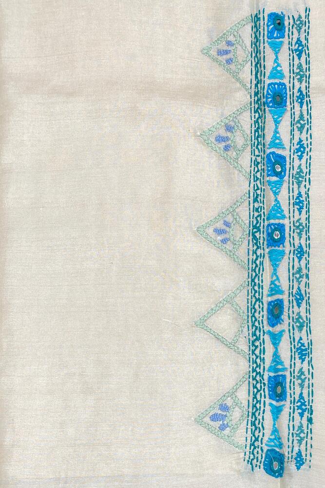 Off-White Tussar Kathiyawadi Work Saree, With Unstiched Blouse