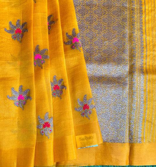 Mustard Yellow Kora Banarasi Silk Saree, With Unstiched Blouse
