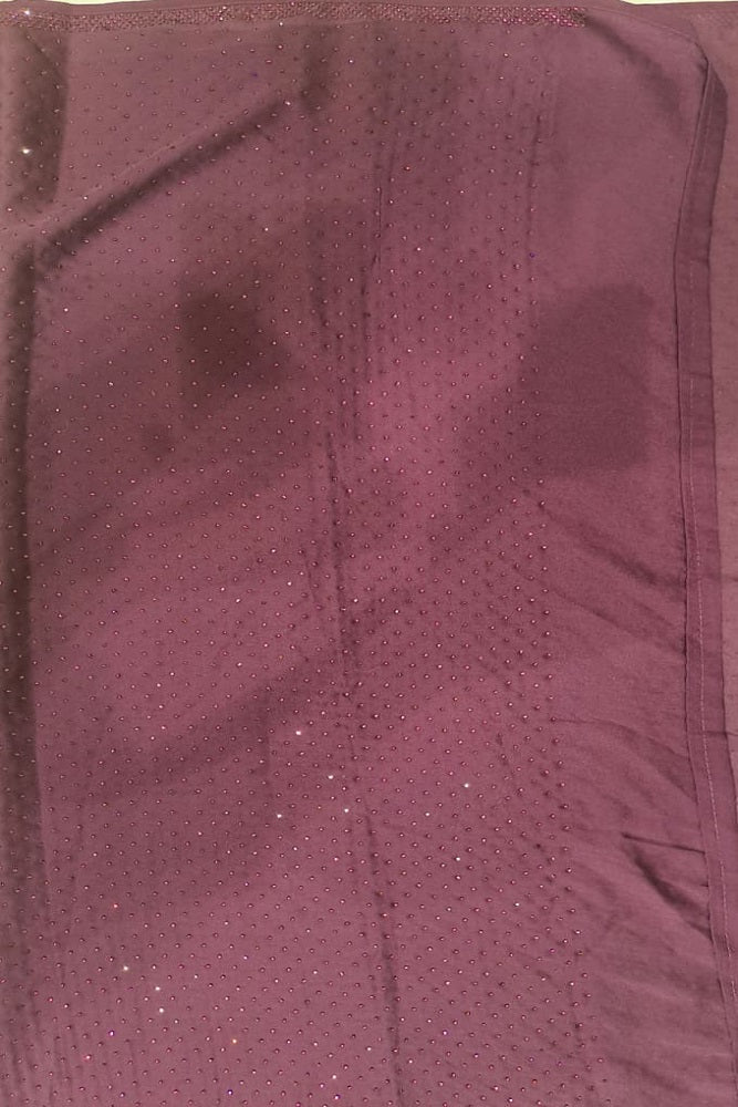 Deep purple satin crepe silk saree with stone work by Saarang Sarees, featuring an unstiched blouse for party wear.