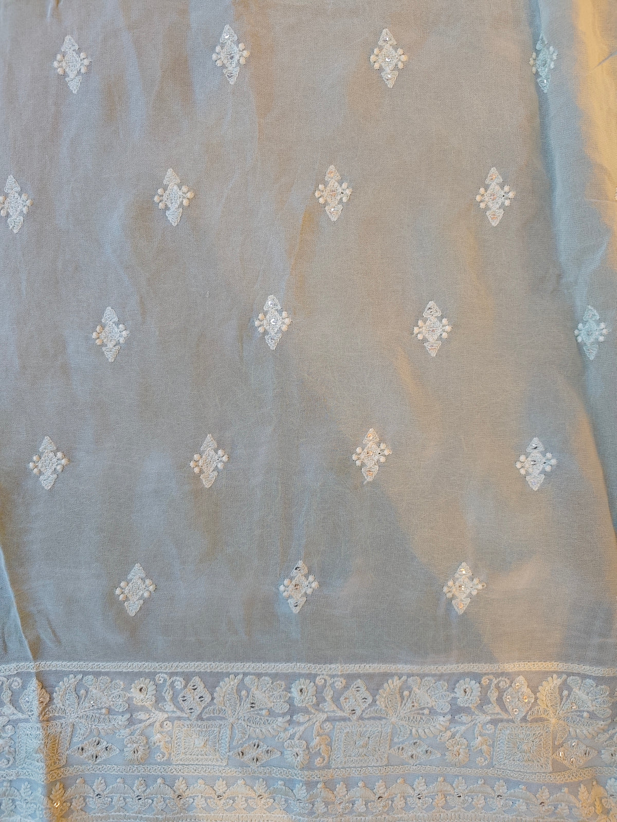 Sky Georgette Chikankari Embroidery Saree, With Unstitched Blouse