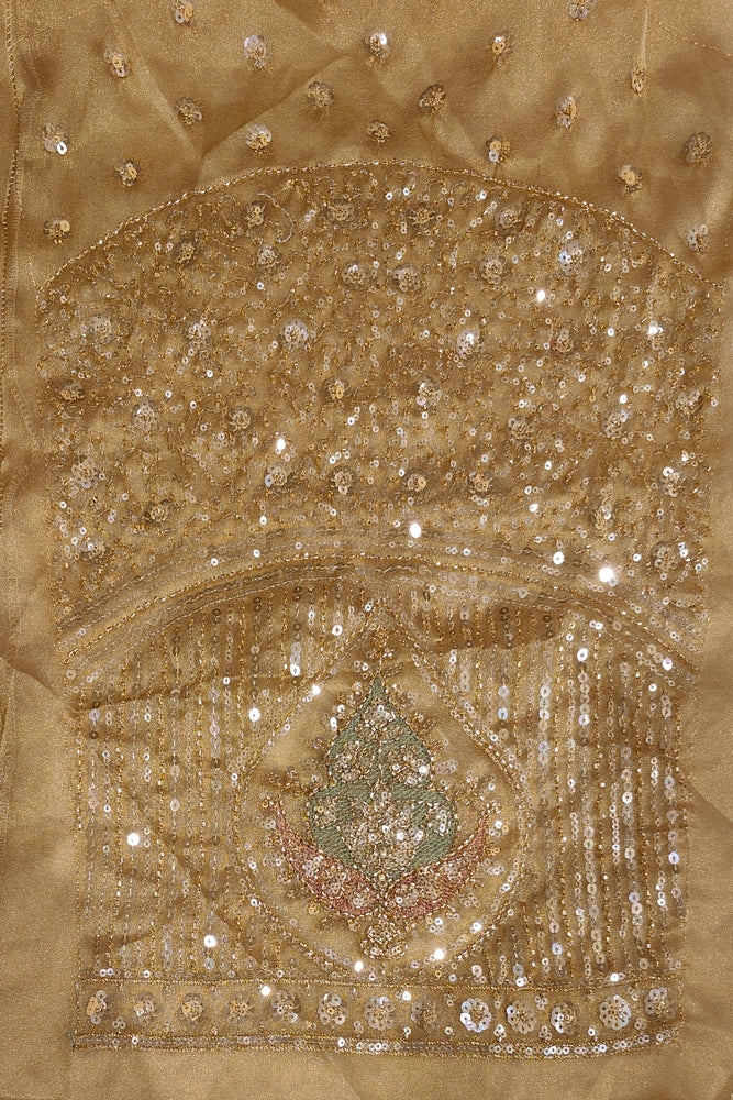 Golden Beige Soft Tissue Organza Silk Embroidery Saree, With Unstiched Blouse