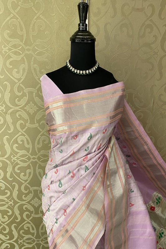 Lavender Gadwal Silk Sarees With Paithani Work, With Unstiched Blouse