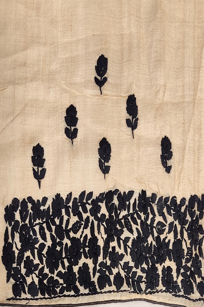 Off-White Tussar Hand Parsi Work Saree, With Unstiched Blouse
