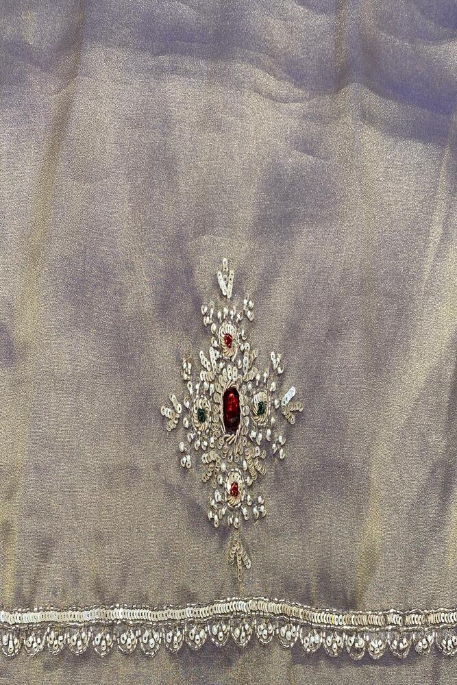 Greyish purple soft tissue silk embroidery saree with unstiched blouse, ideal for party wear, by Saarang Sarees.