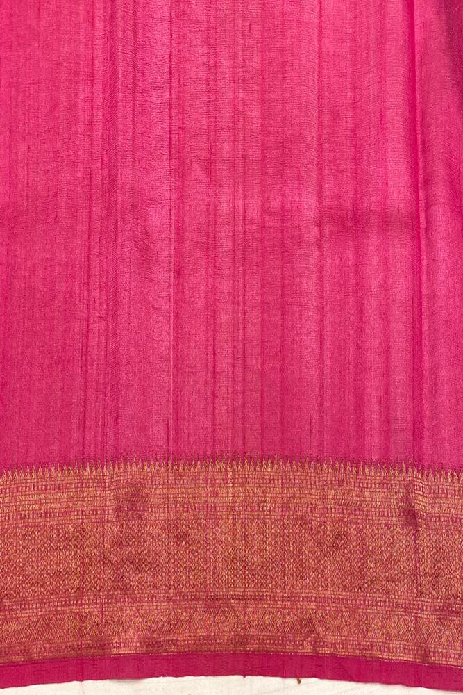 Mustard yellow Tussar Banarasi silk saree with hand-woven motifs and unstiched blouse, traditional wear by Saarang Sarees.