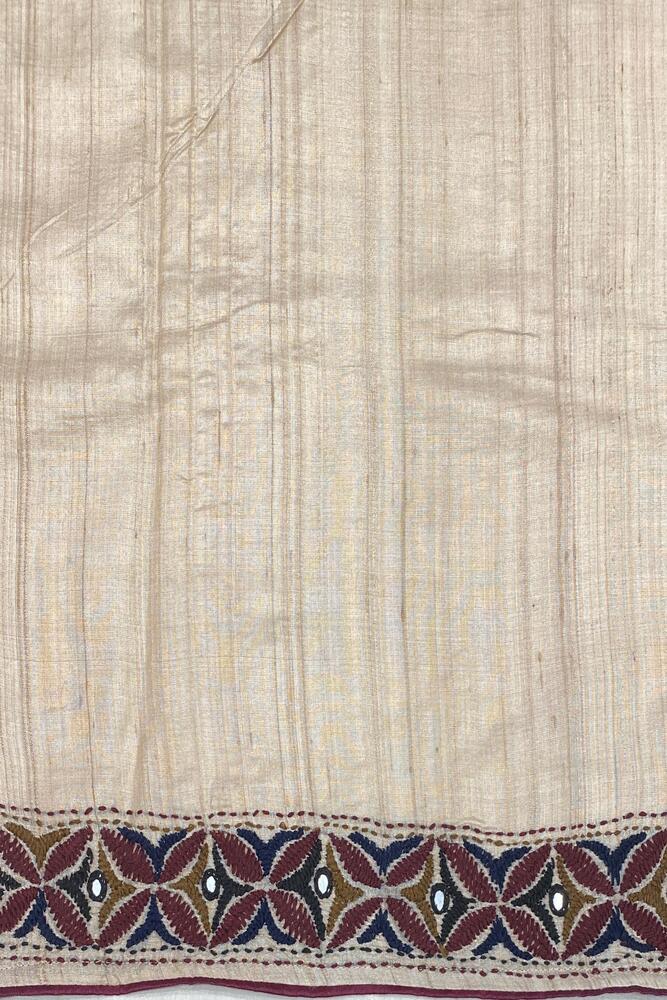 Beige Tussar Gujarati work saree with intricate embroidery and matching unstiched blouse, traditional Indian saree by Saarang Sarees