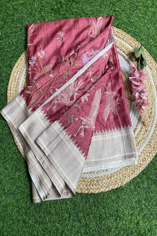 Deep Pink Tussar Cotton Resham Work Saree, With Unstiched Blouse