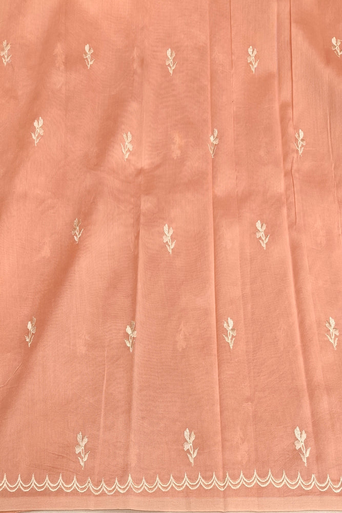 Off-White & Peach Organza Saree With Appliqué Work, With One Unstitched Blouse