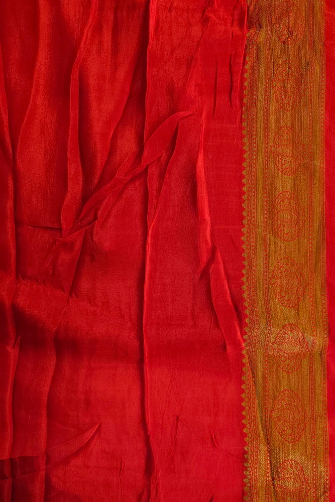 Red Semi Brocade Silk Saree, With Unstiched Blouse