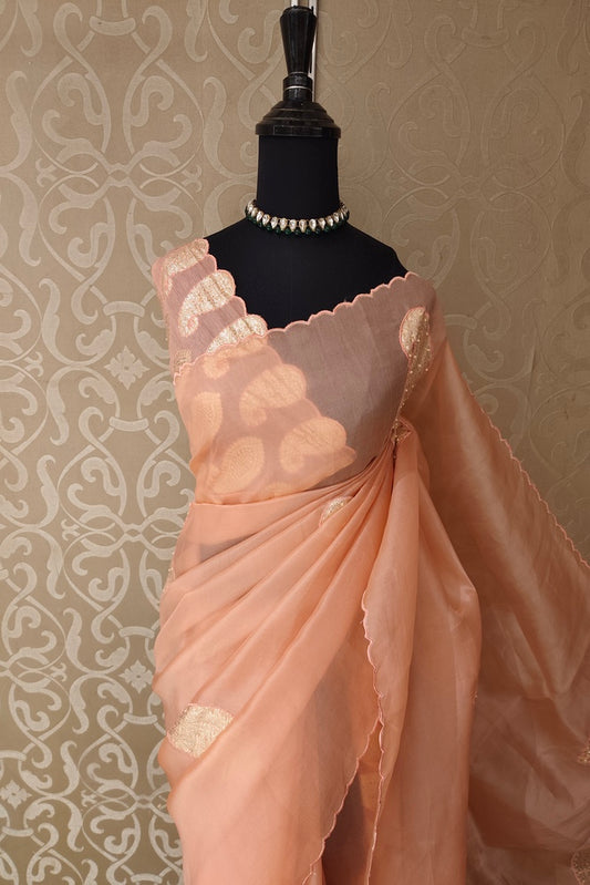 Peach Organza Saree With Appliqué Work, With Two Unstitched Blouse