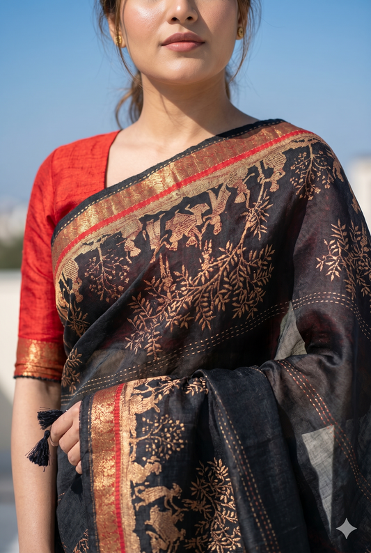 Black Printed Munga Silk Saree, With Unstiched Blouse