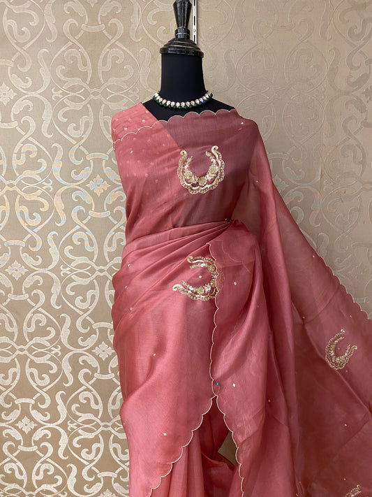 Mauve Pink Organza Saree With Ari Work, With Unstitched Blouse
