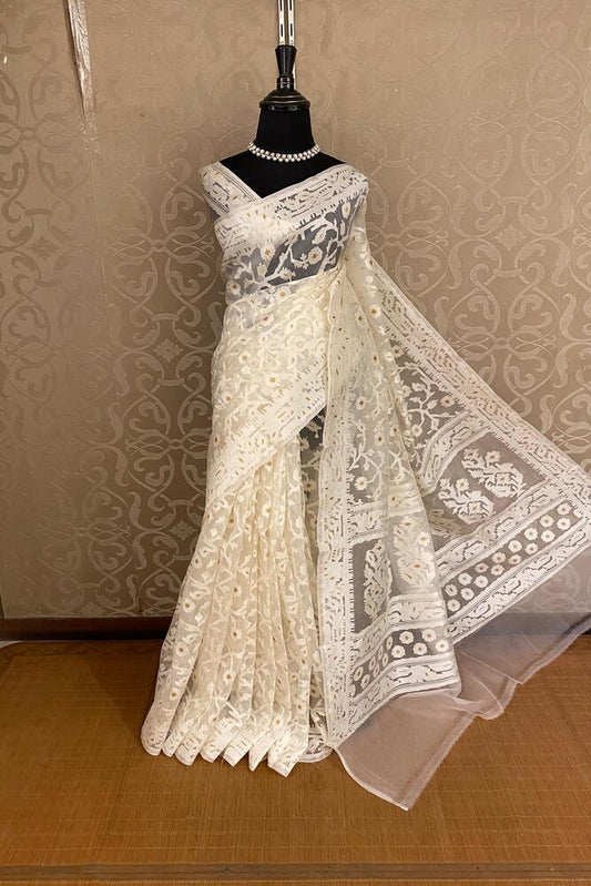 Off-White Muslin Jamdani Saree, With Unstiched Blouse