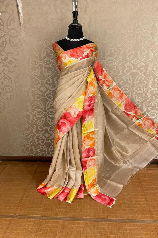 Beige Tussar Banarasi Saree With Digital Mashru Border Work