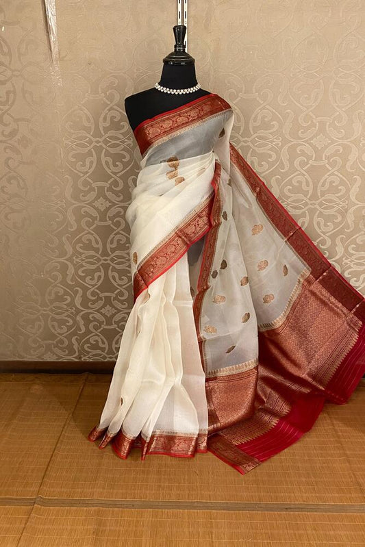 Off-White Kora Banarasi Silk Saree With Hand Weving Work, With Unstiched Blouse