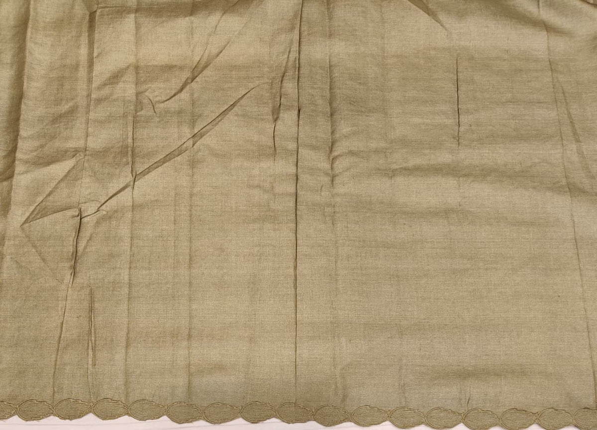 Olive Green Tussar Applique Work Saree, With Unstiched Blouse