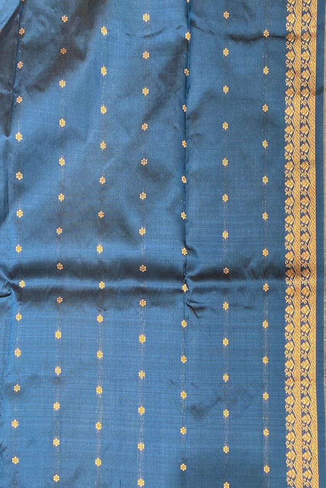 Royal blue Katan Banarasi saree with handwoven work and unstiched blouse, traditional wear by Saarang Sarees.
