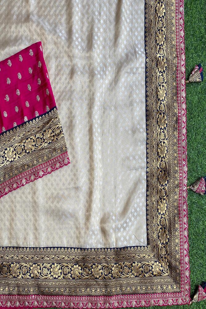 Off-White Gold Tissue Khaddi With Embroidery Border Saree, With Unstiched Blouse