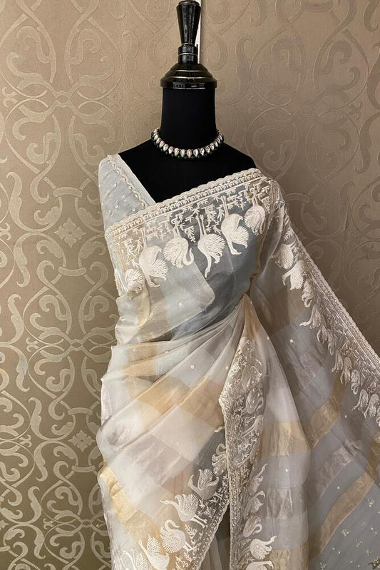 Off-White Organza Silk Embroidery Saree with unstiched blouse, ideal for party wear, by Saarang Sarees.