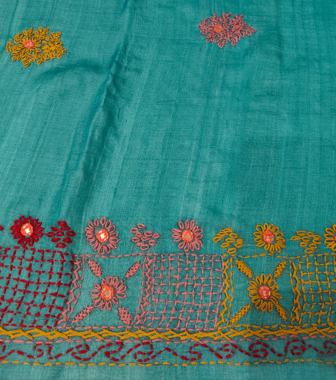 Sea Green Tussar Embroidery Saree With Lambani Work Border, With Unstitched Blouse