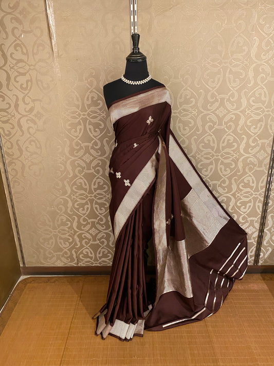 Deep Brown Mashru Silk Banarasi Handloom Saree, With Unstiched Blouse