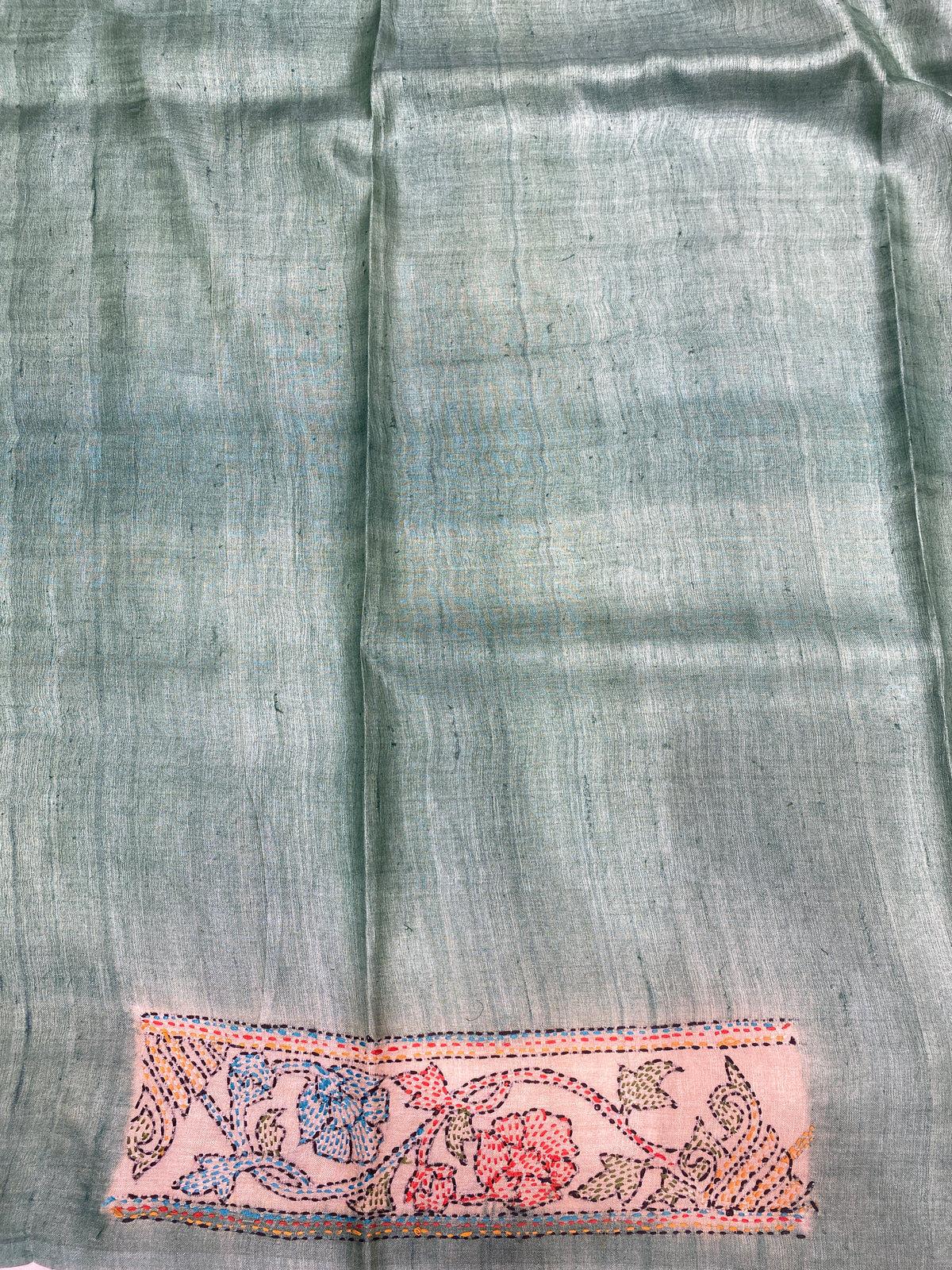 Off-White Tussar Hand Print Kantha Work Border Saree, With Unstitched Blouse