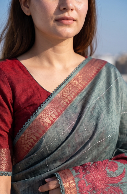 Greyish Green Printed Munga Silk Saree, With Unstiched Blouse